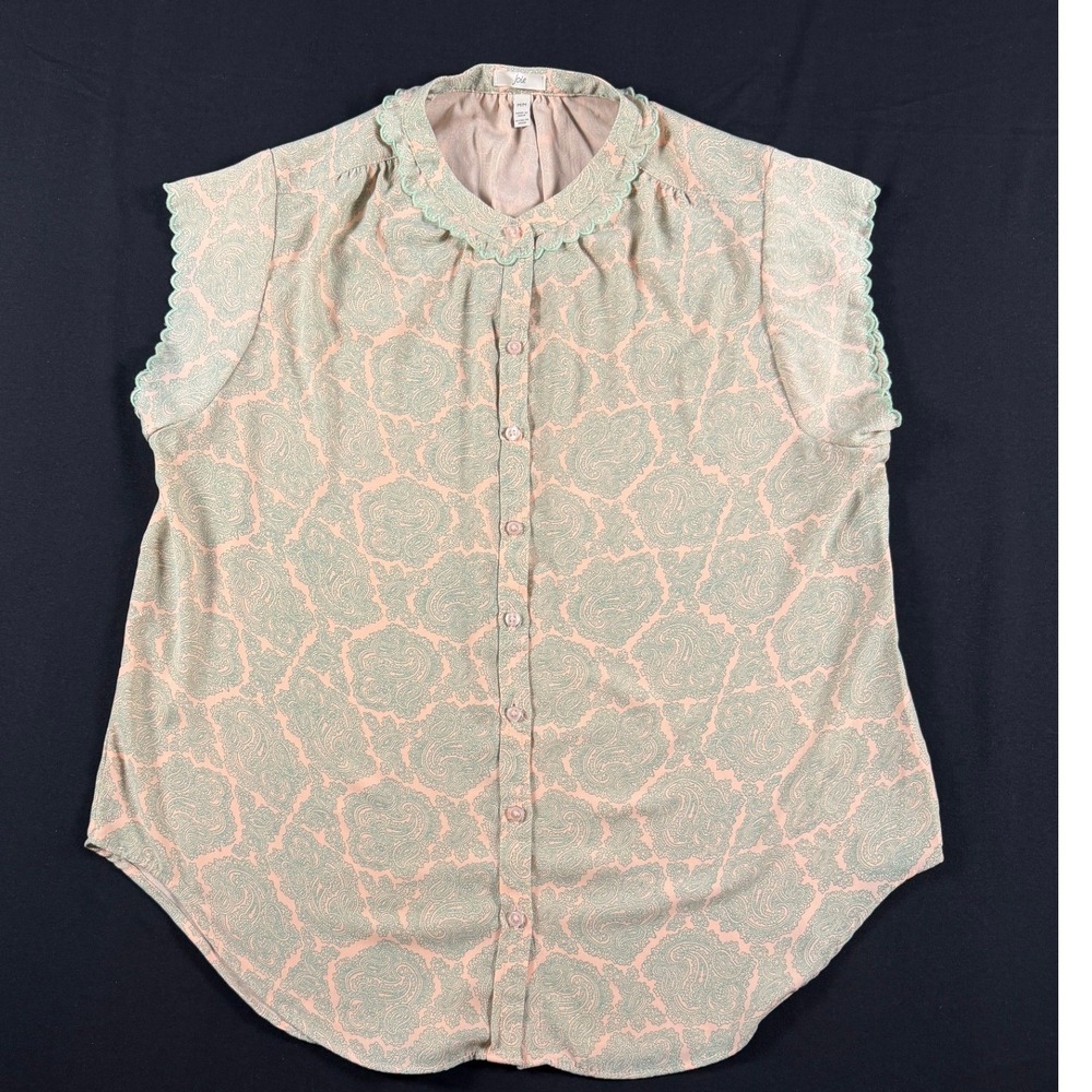 Joie Pink Sage Green Paisley Scalloped Trim Sleeveless Blouse M Boho Silk Look